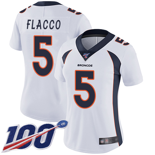 Nike Broncos #5 Joe Flacco White Women's Stitched NFL 100th Season Vapor Limited Jersey Nike Broncos #5 Joe Flacco White Women's Stitched NFL 100th Season Vapor Limited Jersey