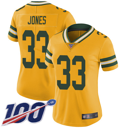 Nike Packers #33 Aaron Jones Yellow Women's Stitched NFL Limited Rush 100th Season Jersey Nike Packers #33 Aaron Jones Yellow Women's Stitched NFL Limited Rush 100th Season Jersey