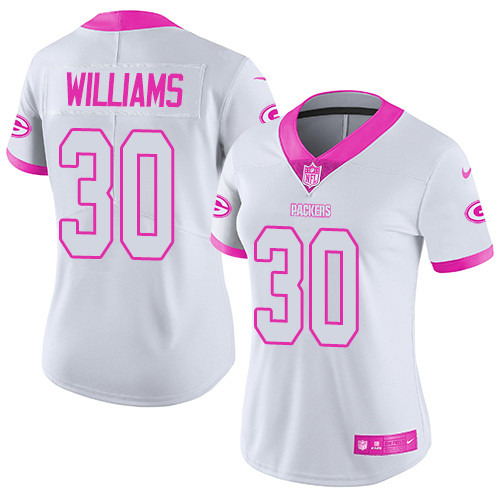 Nike Packers #30 Jamaal Williams White/Pink Women's Stitched NFL Limited Rush Fashion Jersey Nike Packers #30 Jamaal Williams White/Pink Women's Stitched NFL Limited Rush Fashion Jersey