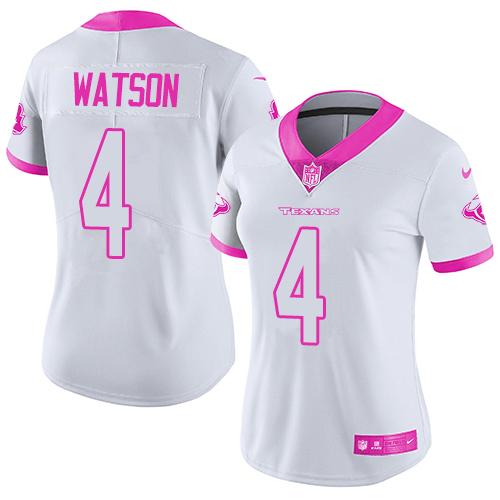 Nike Texans #4 Deshaun Watson White/Pink Women's Stitched NFL Limited Rush Fashion Jersey Nike Texans #4 Deshaun Watson White/Pink Women's Stitched NFL Limited Rush Fashion Jersey