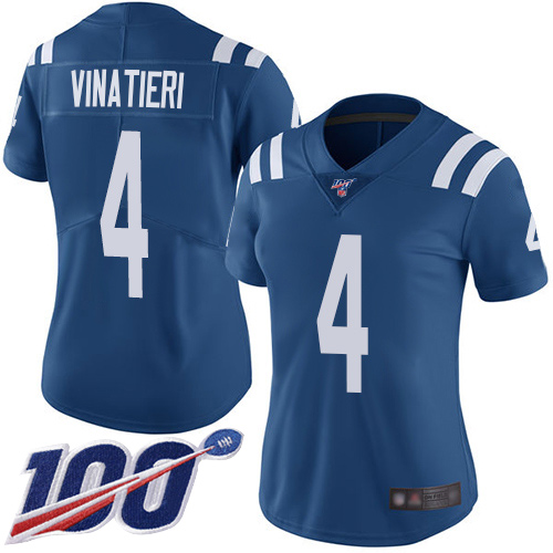Nike Colts #4 Adam Vinatieri Royal Blue Team Color Women's Stitched NFL 100th Season Vapor Limited Jersey Nike Colts #4 Adam Vinatieri Royal Blue Team Color Women's Stitched NFL 100th Season Vapor Limited Jersey