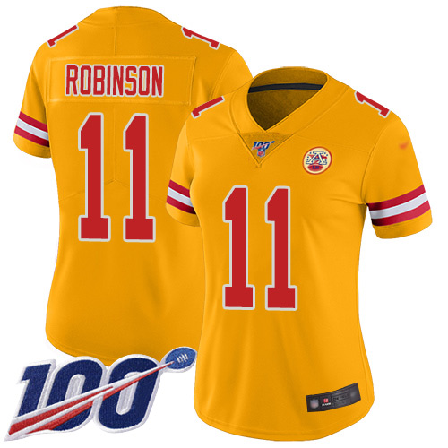 Nike Chiefs #11 Demarcus Robinson Gold Women's Stitched NFL Limited Inverted Legend 100th Season Jersey Nike Chiefs #11 Demarcus Robinson Gold Women's Stitched NFL Limited Inverted Legend 100th Season Jersey