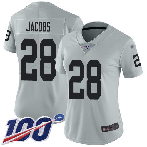 Nike Raiders #28 Josh Jacobs Silver Women's Stitched NFL Limited Inverted Legend 100th Season Jersey Nike Raiders #28 Josh Jacobs Silver Women's Stitched NFL Limited Inverted Legend 100th Season Jersey
