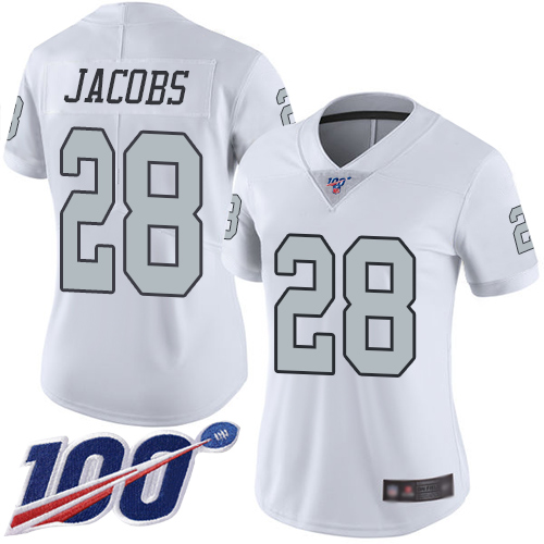 Nike Raiders #28 Josh Jacobs White Women's Stitched NFL Limited Rush 100th Season Jersey Nike Raiders #28 Josh Jacobs White Women's Stitched NFL Limited Rush 100th Season Jersey