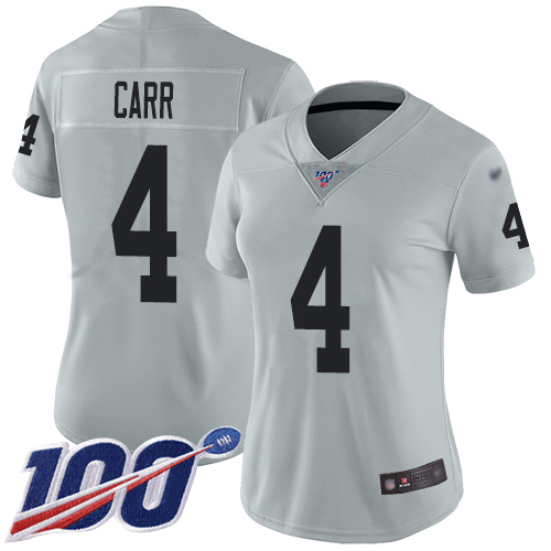Nike Raiders #4 Derek Carr Silver Women's Stitched NFL Limited Inverted Legend 100th Season Jersey Nike Raiders #4 Derek Carr Silver Women's Stitched NFL Limited Inverted Legend 100th Season Jersey