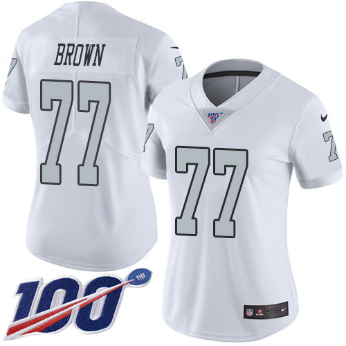 Nike Raiders #77 Trent Brown White Women's Stitched NFL Limited Rush 100th Season Jersey Nike Raiders #77 Trent Brown White Women's Stitched NFL Limited Rush 100th Season Jersey