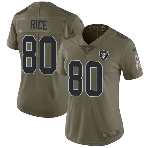 Nike Raiders #80 Jerry Rice Olive Women's Stitched NFL Limited 2017 Salute to Service Jersey Nike Raiders #80 Jerry Rice Olive Women's Stitched NFL Limited 2017 Salute to Service Jersey