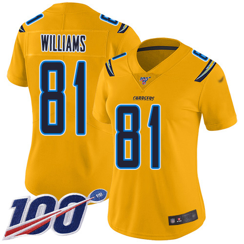 Nike Chargers #81 Mike Williams Gold Women's Stitched NFL Limited Inverted Legend 100th Season Jersey Nike Chargers #81 Mike Williams Gold Women's Stitched NFL Limited Inverted Legend 100th Season Jersey