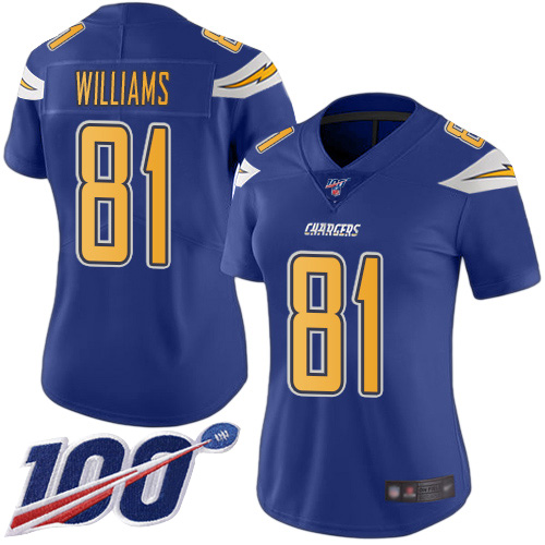 Nike Chargers #81 Mike Williams Electric Blue Women's Stitched NFL Limited Rush 100th Season Jersey Nike Chargers #81 Mike Williams Electric Blue Women's Stitched NFL Limited Rush 100th Season Jersey