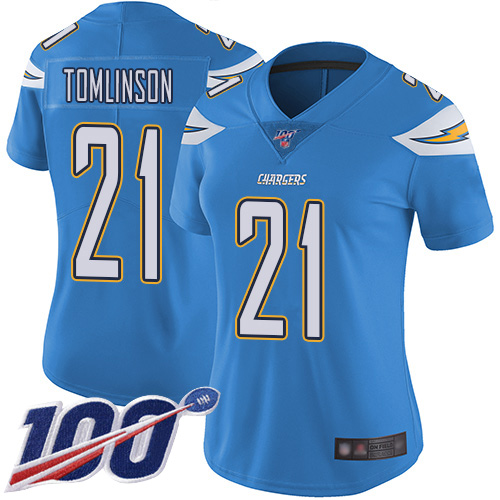 Nike Chargers #21 LaDainian Tomlinson Electric Blue Alternate Women's Stitched NFL 100th Season Vapor Limited Jersey Nike Chargers #21 LaDainian Tomlinson Electric Blue Alternate Women's Stitched NFL 100th Season Vapor Limited Jersey