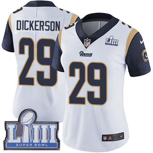Nike Rams #29 Eric Dickerson White Super Bowl LIII Bound Women's Stitched NFL Vapor Untouchable Limited Jersey Nike Rams #29 Eric Dickerson White Super Bowl LIII Bound Women's Stitched NFL Vapor Untouchable Limited Jersey