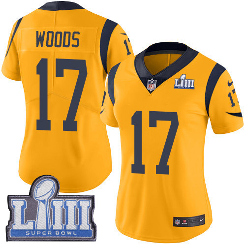 Nike Rams #17 Robert Woods Gold Super Bowl LIII Bound Women's Stitched NFL Limited Rush Jersey Nike Rams #17 Robert Woods Gold Super Bowl LIII Bound Women's Stitched NFL Limited Rush Jersey