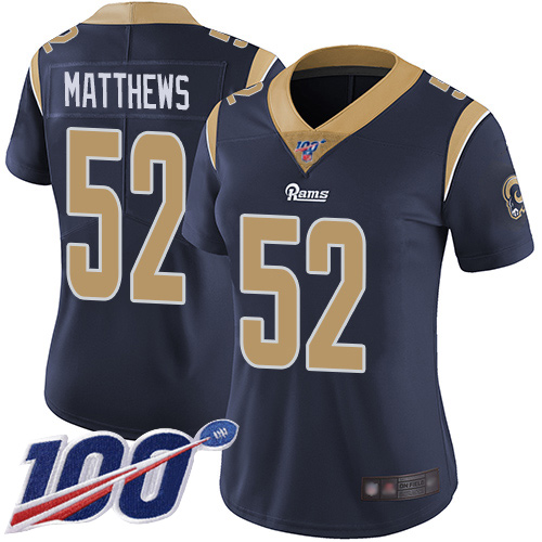 Nike Rams #52 Clay Matthews Navy Blue Team Color Women's Stitched NFL 100th Season Vapor Limited Jersey Nike Rams #52 Clay Matthews Navy Blue Team Color Women's Stitched NFL 100th Season Vapor Limited Jersey