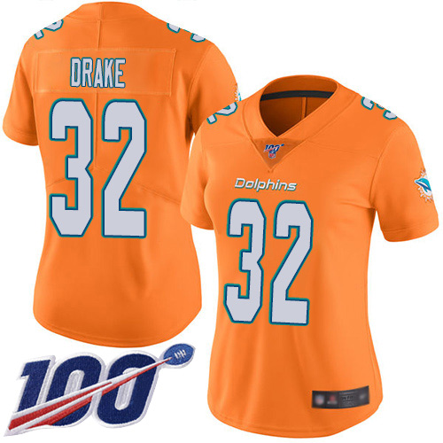 Nike Dolphins #32 Kenyan Drake Orange Women's Stitched NFL Limited Rush 100th Season Jersey Nike Dolphins #32 Kenyan Drake Orange Women's Stitched NFL Limited Rush 100th Season Jersey