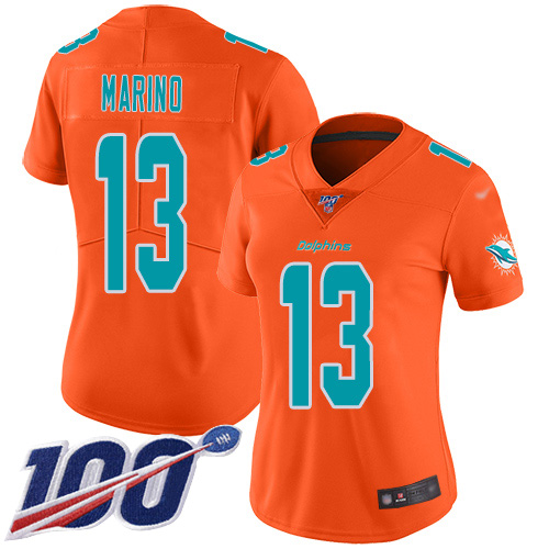 Nike Dolphins #13 Dan Marino Orange Women's Stitched NFL Limited Inverted Legend 100th Season Jersey Nike Dolphins #13 Dan Marino Orange Women's Stitched NFL Limited Inverted Legend 100th Season Jersey