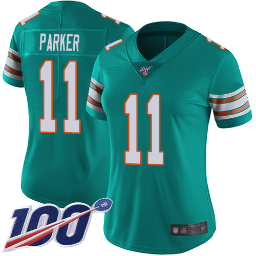 Nike Dolphins #11 DeVante Parker Aqua Green Alternate Women's Stitched NFL 100th Season Vapor Limited Jersey Nike Dolphins #11 DeVante Parker Aqua Green Alternate Women's Stitched NFL 100th Season Vapor Limited Jersey