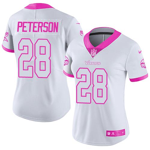 Nike Vikings #28 Adrian Peterson White/Pink Women's Stitched NFL Limited Rush Fashion Jersey Nike Vikings #28 Adrian Peterson White/Pink Women's Stitched NFL Limited Rush Fashion Jersey