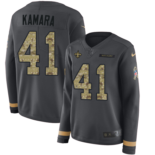 Nike Saints #41 Alvin Kamara Anthracite Salute to Service Women's Stitched NFL Limited Therma Long Sleeve Jersey Nike Saints #41 Alvin Kamara Anthracite Salute to Service Women's Stitched NFL Limited Therma Long Sleeve Jersey