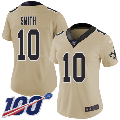 Nike Saints #10 Tre'Quan Smith Gold Women's Stitched NFL Limited Inverted Legend 100th Season Jersey Nike Saints #10 Tre'Quan Smith Gold Women's Stitched NFL Limited Inverted Legend 100th Season Jersey