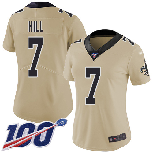 Nike Saints #7 Taysom Hill Gold Women's Stitched NFL Limited Inverted Legend 100th Season Jersey Nike Saints #7 Taysom Hill Gold Women's Stitched NFL Limited Inverted Legend 100th Season Jersey