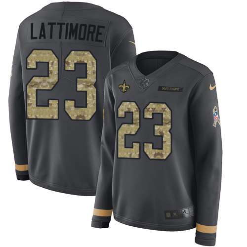 Nike Saints #23 Marshon Lattimore Anthracite Salute to Service Women's Stitched NFL Limited Therma Long Sleeve Jersey Nike Saints #23 Marshon Lattimore Anthracite Salute to Service Women's Stitched NFL Limited Therma Long Sleeve Jersey