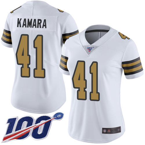 Nike Saints #41 Alvin Kamara White Women's Stitched NFL Limited Rush 100th Season Jersey Nike Saints #41 Alvin Kamara White Women's Stitched NFL Limited Rush 100th Season Jersey