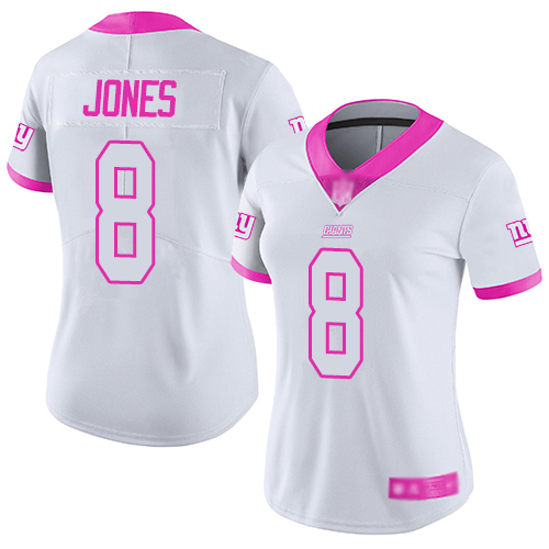 Nike Giants #8 Daniel Jones White/Pink Women's Stitched NFL Limited Rush Fashion Jersey Nike Giants #8 Daniel Jones White/Pink Women's Stitched NFL Limited Rush Fashion Jersey