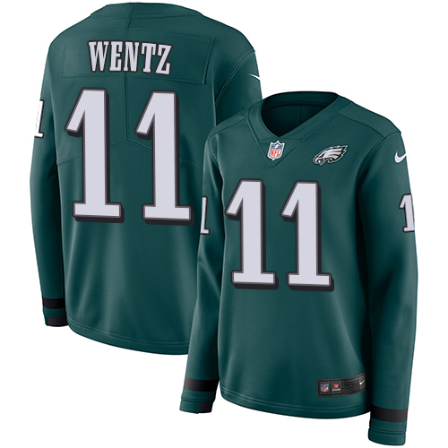 Nike Eagles #11 Carson Wentz Midnight Green Team Color Women's Stitched NFL Limited Therma Long Sleeve Jersey Nike Eagles #11 Carson Wentz Midnight Green Team Color Women's Stitched NFL Limited Therma Long Sleeve Jersey