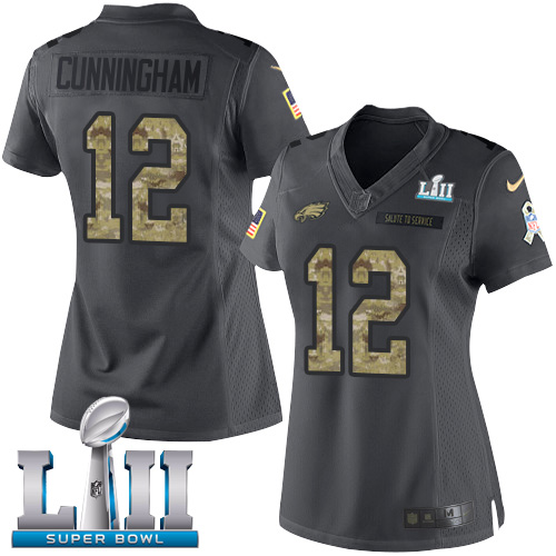 Nike Eagles #12 Randall Cunningham Black Super Bowl LII Women's Stitched NFL Limited 2016 Salute to Service Jersey Nike Eagles #12 Randall Cunningham Black Super Bowl LII Women's Stitched NFL Limited 2016 Salute to Service Jersey