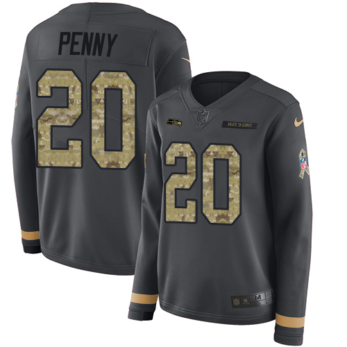 Nike Seahawks #20 Rashaad Penny Anthracite Salute to Service Women's Stitched NFL Limited Therma Long Sleeve Jersey Nike Seahawks #20 Rashaad Penny Anthracite Salute to Service Women's Stitched NFL Limited Therma Long Sleeve Jersey