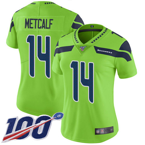 Nike Seahawks #14 D.K. Metcalf Green Women's Stitched NFL Limited Rush 100th Season Jersey Nike Seahawks #14 D.K. Metcalf Green Women's Stitched NFL Limited Rush 100th Season Jersey