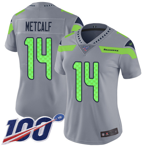 Nike Seahawks #14 D.K. Metcalf Silver Women's Stitched NFL Limited Inverted Legend 100th Season Jersey Nike Seahawks #14 D.K. Metcalf Silver Women's Stitched NFL Limited Inverted Legend 100th Season Jersey