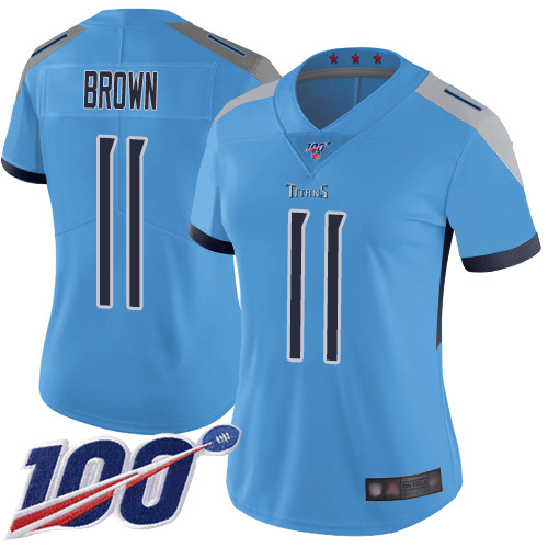 Nike Titans #11 A.J. Brown Light Blue Alternate Women's Stitched NFL 100th Season Vapor Limited Jersey Nike Titans #11 A.J. Brown Light Blue Alternate Women's Stitched NFL 100th Season Vapor Limited Jersey