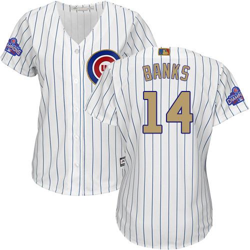 Cubs #14 Ernie Banks White(Blue Strip) 2017 Gold Program Cool Base Women's Stitched MLB Jersey Cubs #14 Ernie Banks White(Blue Strip) 2017 Gold Program Cool Base Women's Stitched MLB Jersey