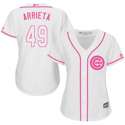 Cubs #49 Jake Arrieta White/Pink Fashion Women's Stitched MLB Jersey Cubs #49 Jake Arrieta White/Pink Fashion Women's Stitched MLB Jersey