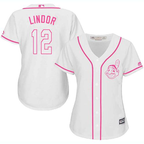 Indians #12 Francisco Lindor White/Pink Fashion Women's Stitched MLB Jersey Indians #12 Francisco Lindor White/Pink Fashion Women's Stitched MLB Jersey
