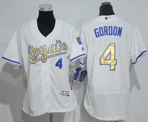 Royals #4 Alex Gordon White Flexbase Authentic 2015 World Series Champions Gold Program Cool Base Women's Stitched MLB Jersey Royals #4 Alex Gordon White Flexbase Authentic 2015 World Series Champions Gold Program Cool Base Women's Stitched MLB Jersey