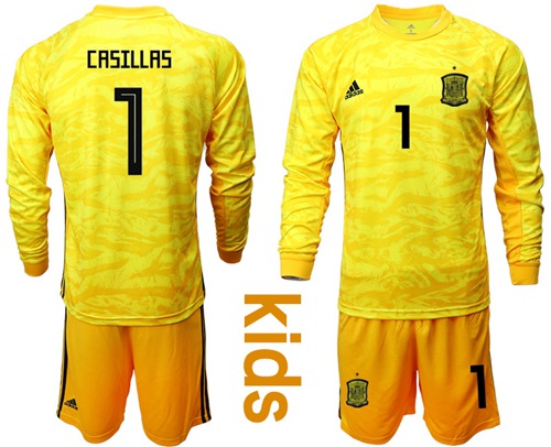 Spain #1 Casillas Yellow Long Sleeves Goalkeeper Kid Soccer Country Jersey