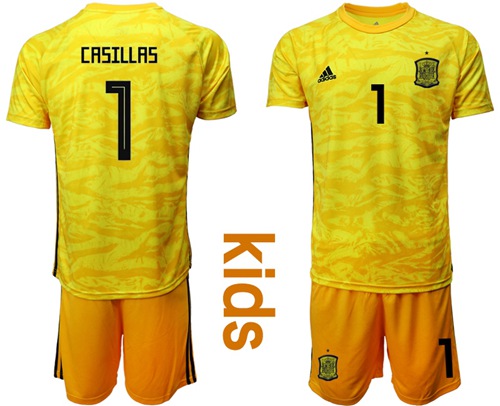 Spain #1 Casillas Yellow Goalkeeper Kid Soccer Country Jersey Spain #1 Casillas Yellow Goalkeeper Kid Soccer Country Jersey