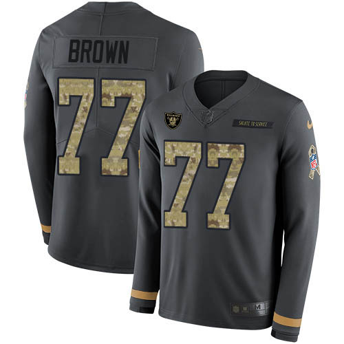 Nike Raiders #77 Trent Brown Anthracite Salute to Service Youth Stitched NFL Limited Therma Long Sleeve Jersey Nike Raiders #77 Trent Brown Anthracite Salute to Service Youth Stitched NFL Limited Therma Long Sleeve Jersey