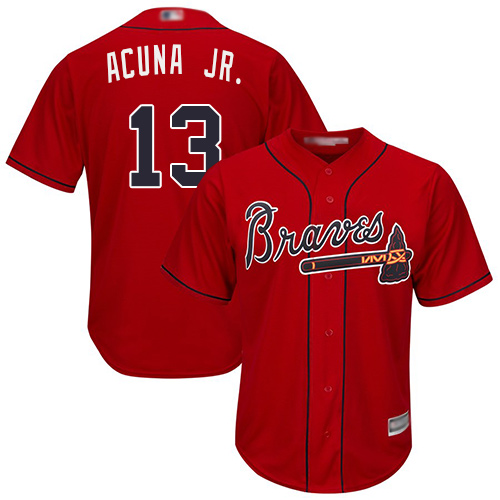 Braves #13 Ronald Acuna Jr. Red Cool Base Stitched Youth MLB Jersey Braves #13 Ronald Acuna Jr. Red Cool Base Stitched Youth MLB Jersey