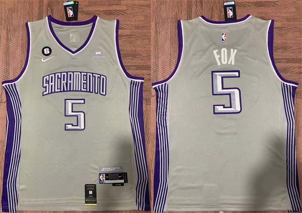 Men's Sacramento Kings #5 De'Aaron Fox Gray No.6 Patch Stitched Jersey Men's Sacramento Kings #5 De'Aaron Fox Gray No.6 Patch Stitched Jersey