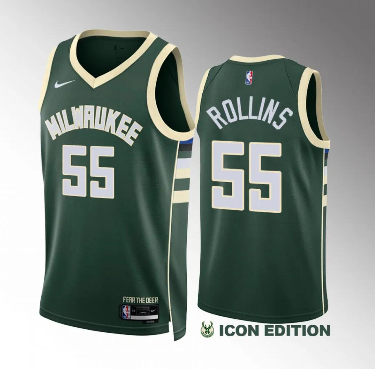 Men's Milwaukee Bucks #55 Ryan Rollins Green Icon Edition Stitched Basketball Jersey Men's Milwaukee Bucks #55 Ryan Rollins Green Icon Edition Stitched Basketball Jersey