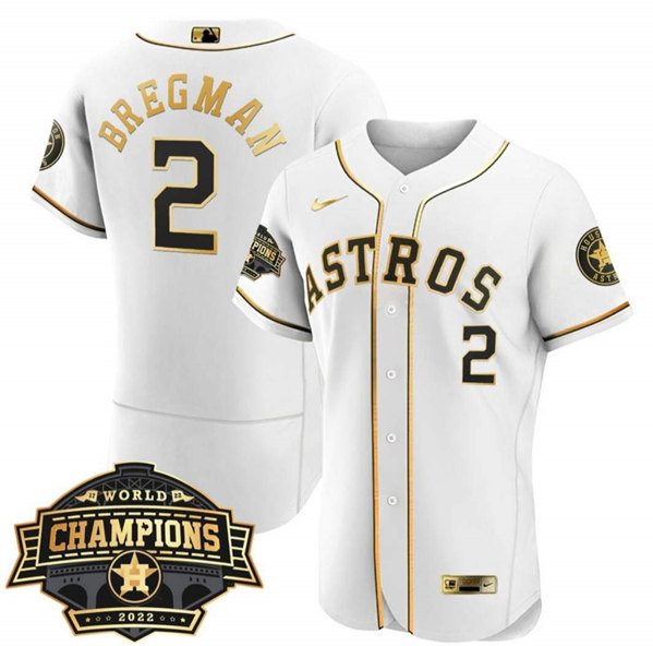 Men's Houston Astros #2 Alex Bregman White/Gold 2022 World Series Champions Flex Base Stitched Baseball Jersey Men's Houston Astros #2 Alex Bregman White/Gold 2022 World Series Champions Flex Base Stitched Baseball Jersey