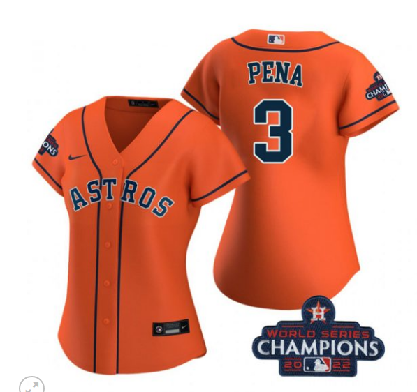 Women's Houston Astros #3 Jeremy Peña Orange 2022 World Series Champions Stitched Baseball Jersey(Run Small) Women's Houston Astros #3 Jeremy Peña Orange 2022 World Series Champions Stitched Baseball Jersey(Run Small)
