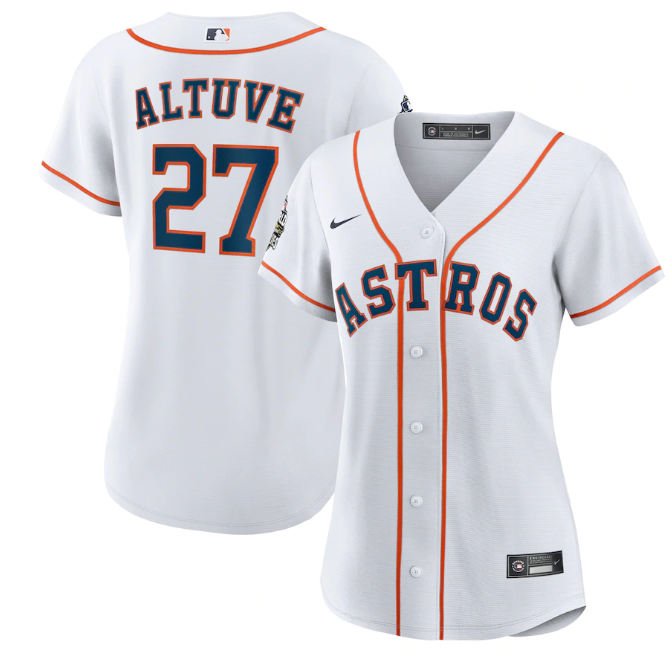 Women's Houston Astros #27 Jose Altuve White 2022 World Series Cool Base Stitched Baseball Jersey(Run Small) Women's Houston Astros #27 Jose Altuve White 2022 World Series Cool Base Stitched Baseball Jersey(Run Small)