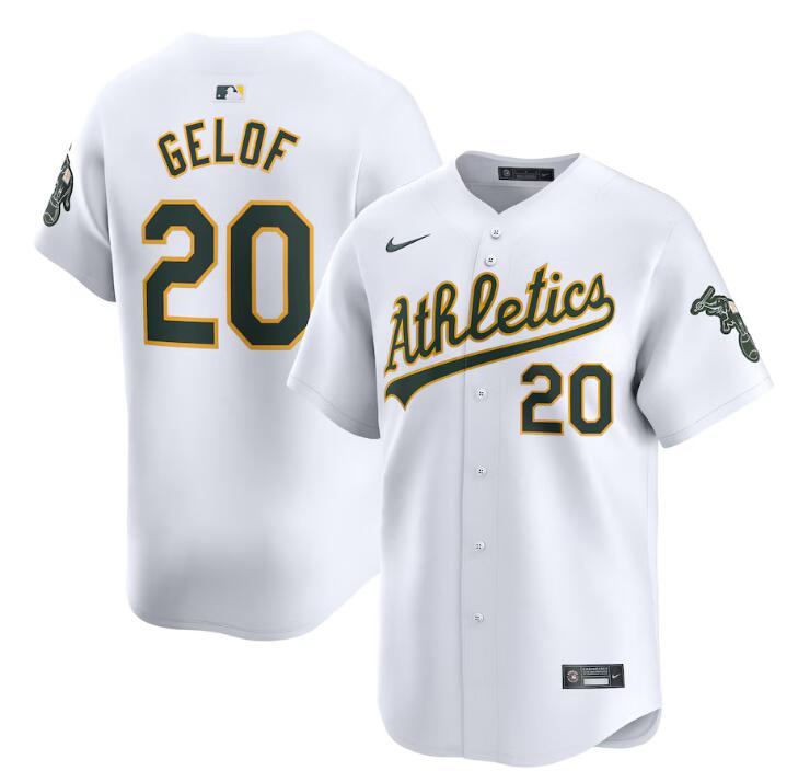 Men's Oakland Athletics #20 Zack Gelof White Home Limited Stitched Jersey Men's Oakland Athletics #20 Zack Gelof White Home Limited Stitched Jersey