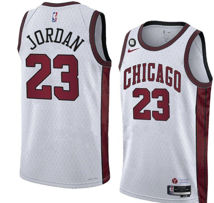 Men's Chicago Bulls #23 Michael Jordan White 2022/23 City Edition With NO.6 Patch Stitched Basketball Jersey Men's Chicago Bulls #23 Michael Jordan White 2022/23 City Edition With NO.6 Patch Stitched Basketball Jersey
