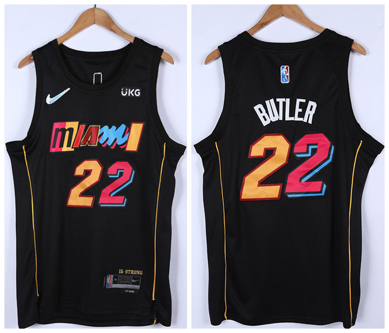 Men's Miami Heat #22 Jimmy Butler 2021/2022 Black City Edition 75th Anniversary Stitched Jersey Men's Miami Heat #22 Jimmy Butler 2021/2022 Black City Edition 75th Anniversary Stitched Jersey