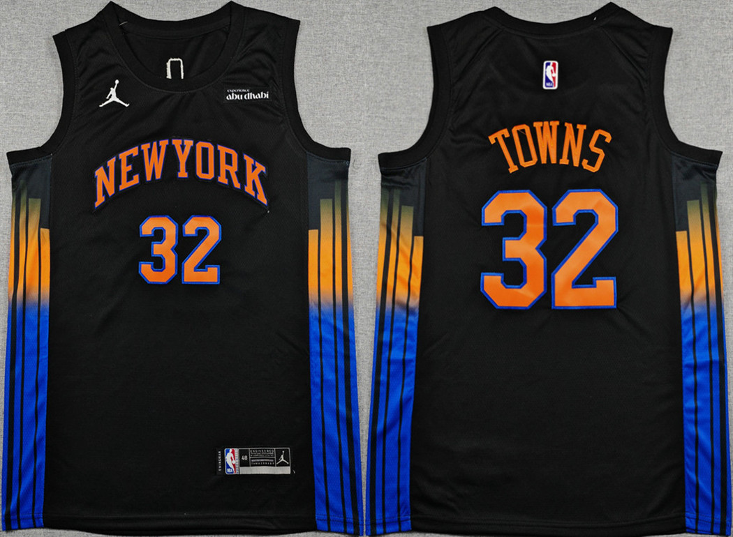 Men's New Yok Knicks #32 Karl-Anthony Towns Black 2025/26 Statement Edition Stitched Basketball Jersey Men's New Yok Knicks #32 Karl-Anthony Towns Black 2025/26 Statement Edition Stitched Basketball Jersey